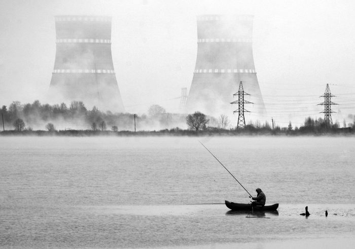 Cooling towers of the Kalinin NPP - Lake, Fisherman, nuclear power station, Fishermen