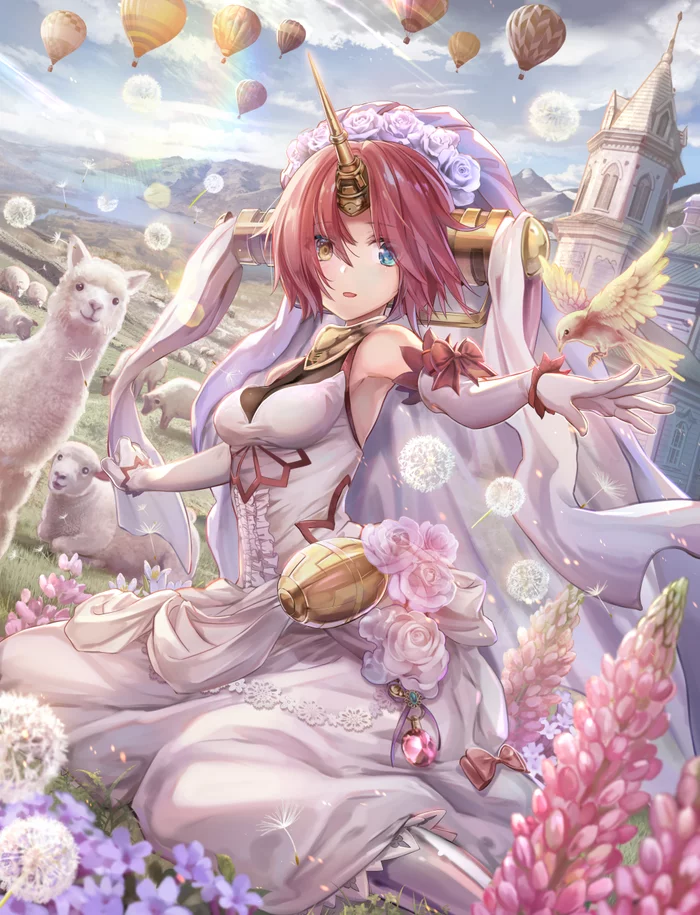 Fran - Anime art, Anime, Girls, Drawing, Pixiv, Alpaca, Franken Stein, Type-Moon, Fate, Fate apocrypha, Berserker, Redheads, Balloon, Torino akua, Heterochromia, Wedding Dress, Flowers