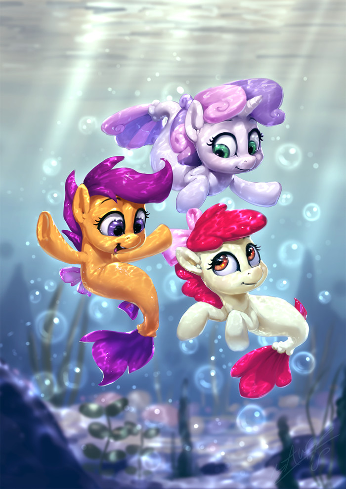 Underwater Surf My Little Pony, Ponyart, Applebloom, Scootaloo, Sweetie Belle, Assasinmonkey, MLP Season 8