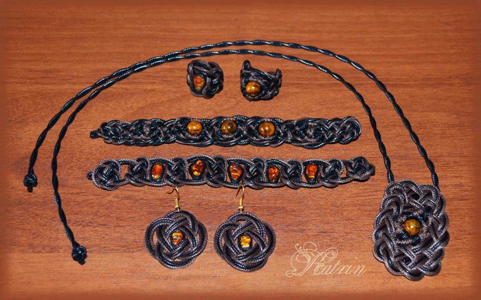Wicker jewelry with amber. - My, Bijouterie, A bracelet, Ring, Earrings, Amber, Natural stones, Needlework without process, Longpost