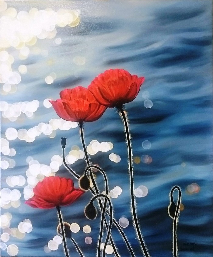 Fiery poppies oil/canvas 2018 - Painting, Butter, Landscape, My, Painting, Flowers, Longpost, Oil painting