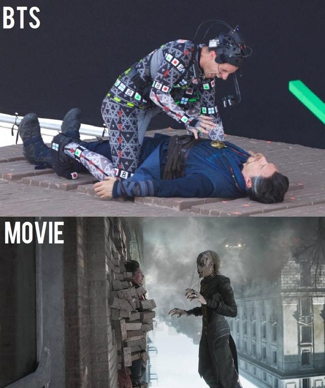 The shooting process VS the final result in the film - Avengers: Infinity War, Scene from the movie, Spoiler, Computer graphics, Marvel, Ebony Mo, Doctor Strange