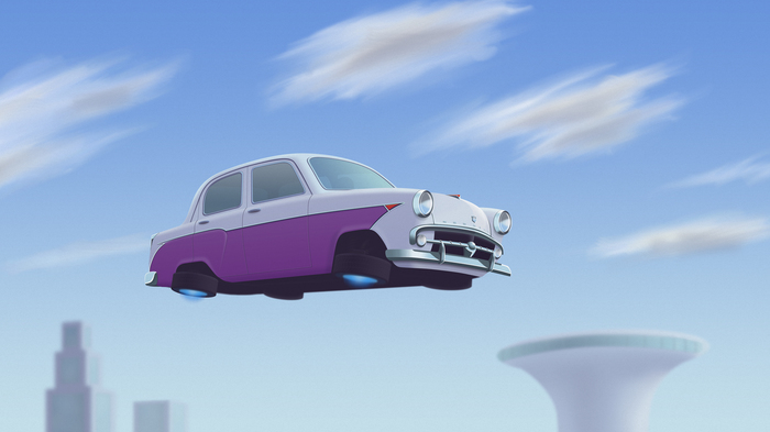 Flying Moskvich - My, Auto, Moskvich, Retrofuturism, Illustrations, Drawing, Digital drawing, Photoshop, Flying car