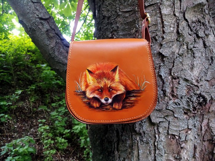 Handbag Fox. hand painted.. - My, , Fox, Leather, Lady's bag, Handmade, Needlework without process, Longpost