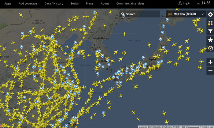 Planes do not fly over North Korea. - Flightradar24, North Korea