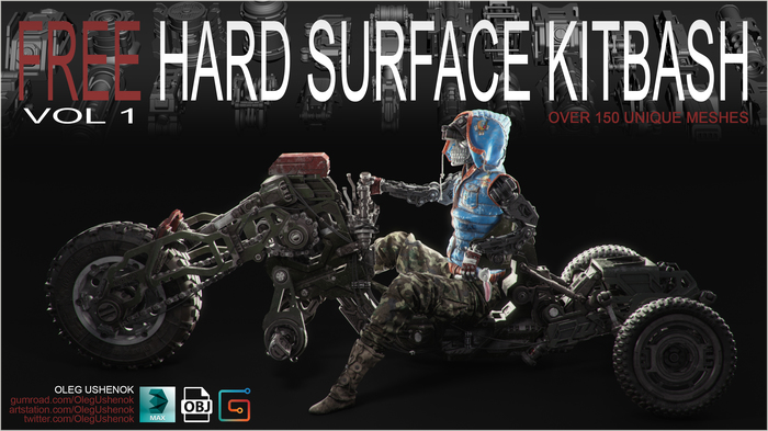 Free Hard Surface Kitbash - My, , Fusion 360, Kitbash, Hard surface, 3DS max, Science fiction, 3D modeling, Mech, Longpost, Fur