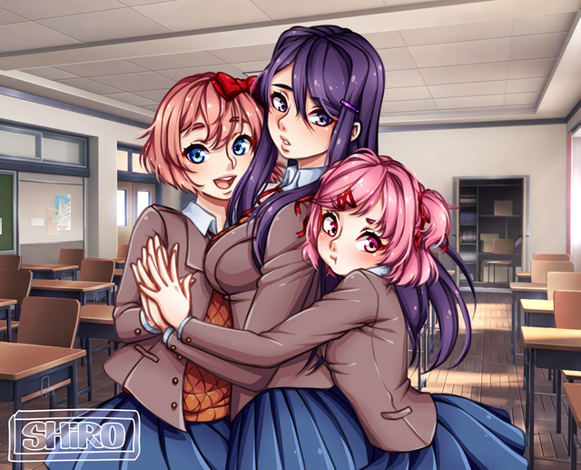 Doki doki hugging club - Doki Doki Literature Club, Sayori, Natsuki, Yuri DDLC, Аниме, Не аниме, Визуальная новелла, Арт