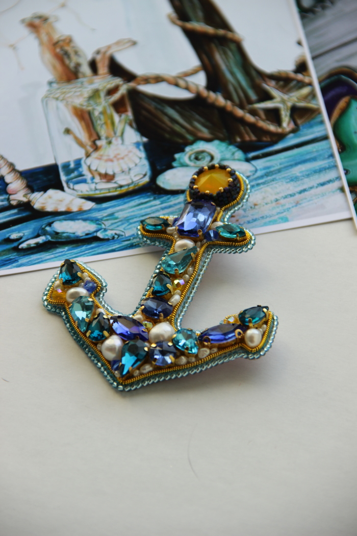 Brooches in a marine style - My, Decoration, Handmade, Nautical style, Anchor, Brooch, Sailboat, Beads, Needlework without process, Longpost