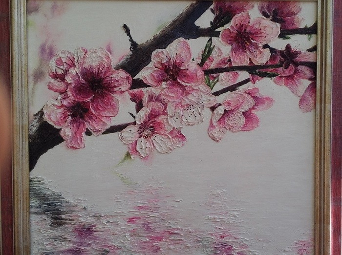 SAKURA BRANCH (Fibreboard, oil) - My, Oil painting, Painting, Painting, Butter, Sakura, Flowers, Branch