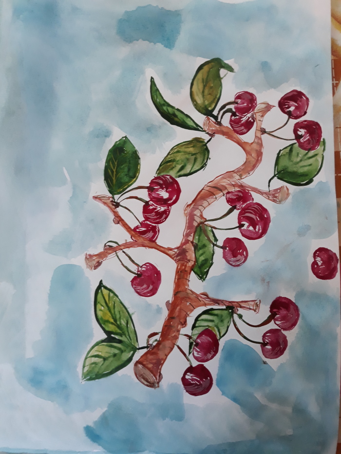 Sweet cherry watercolor - My, Drawing, Watercolor, I want criticism, Cherries