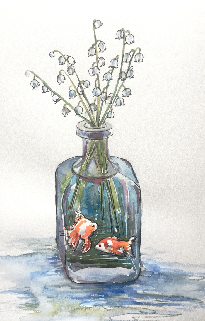 house for goldfish - My, Gold fish, Bottle, Lilies of the valley, Luboff00, Drawing, Watercolor, A fish, Flowers