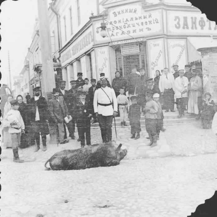 The owner of a runaway pig and a policeman who shot an innocent animal, 1900s, Tula - 20th century, Российская империя, Pig, Gorodovoy, Old photo, The photo