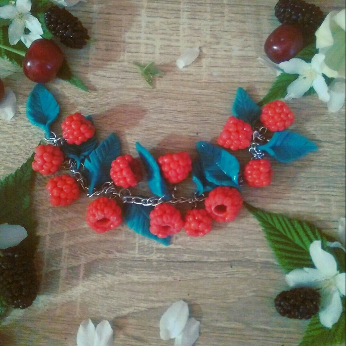 Raspberry bracelet - My, Raspberries, Berries, Summer, Handmade, Needlework without process, Polymer clay, A bracelet, Bijouterie