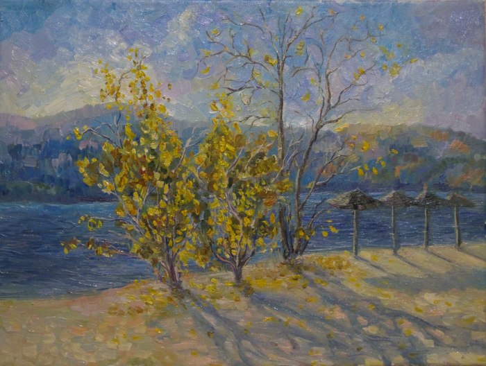 Volga beach, autumn. - My, Butter, Volga, Landscape, Sunny, Embankment, River, Painting, Autumn, The sun, Volga river