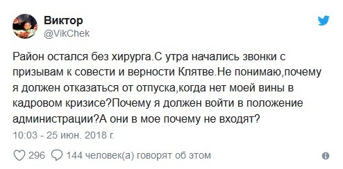 Драматическая история о сельской больнице в семи частях
 - Здравоохранение, Хирург, Увольнение, Главврач, Негатив, Длиннопост, Переписка, Twitter