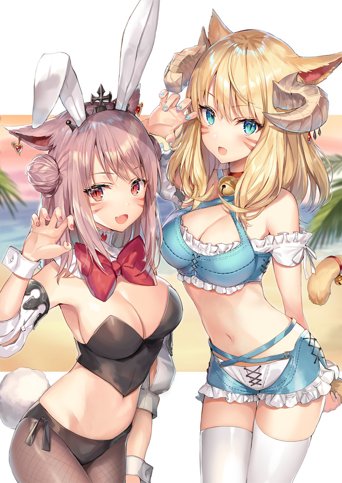 Miqo'te and Momoko [Final Fantasy XIV] - Miqote, Momoko, Final Fantasy, Не аниме, Anime Art, Pixiv