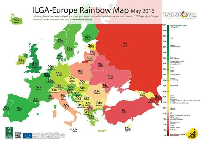 Index of the level of homophobia in European countries. - World map, LGBT, Statistics