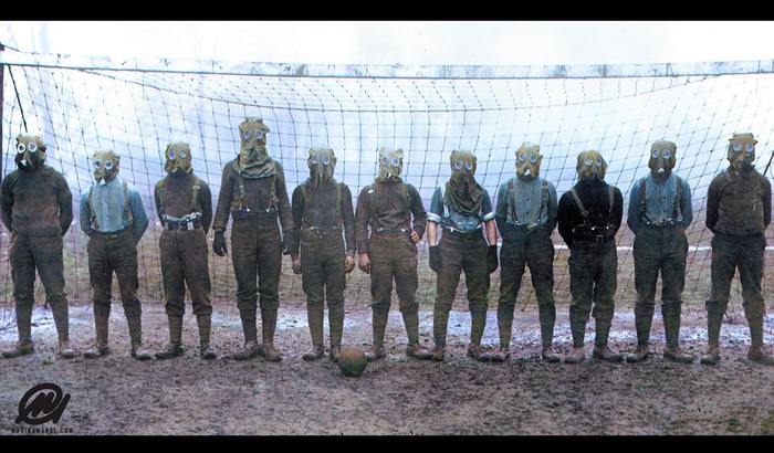 Football team of British soldiers wearing gas masks in the First World War. France, 1916 - The photo, The soldiers, World War I, Colorization, British, Mask