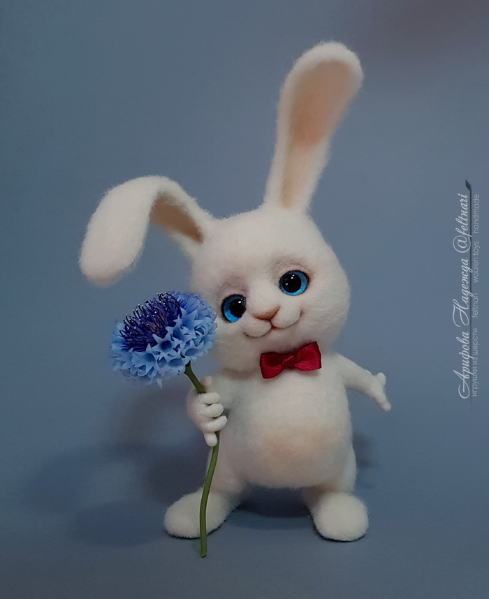 Hare Mirosha (felt toy) - My, Needlework without process, Dry felting, , Author's toy, Hare, Interior toy, Longpost
