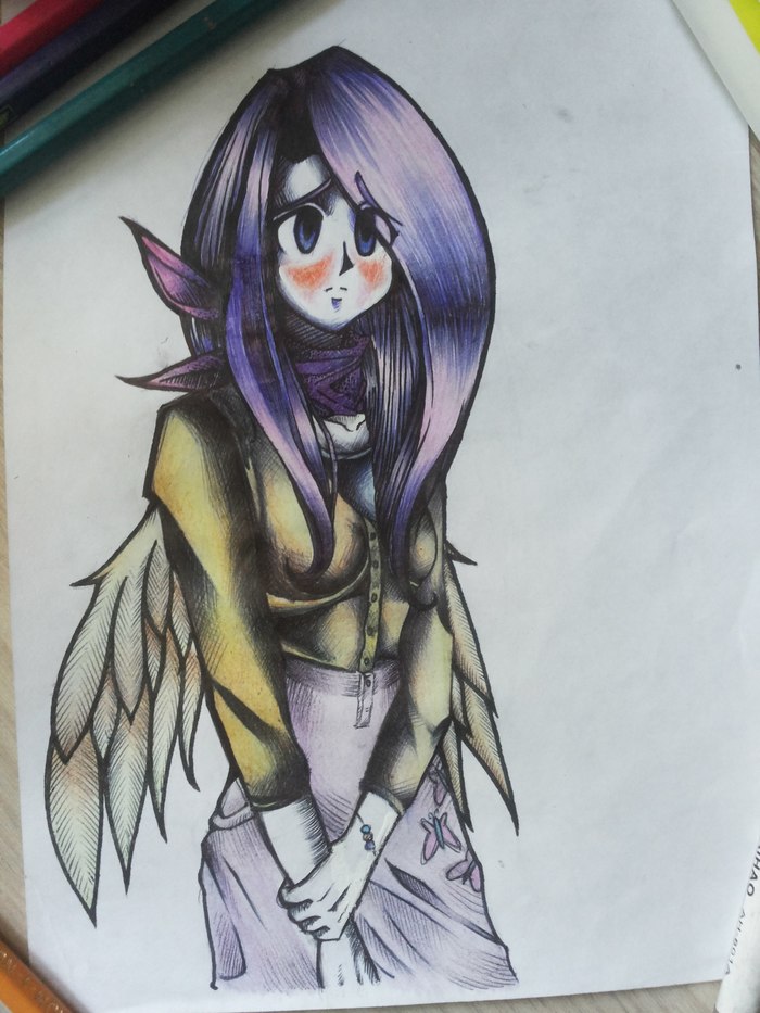 And here comes the humanization of the pony! - My, Watercolor, Pencil, Drawing, My little pony, Humanization, Mass effect, Weapon, Longpost