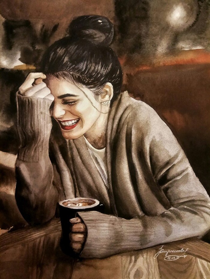 watercolor - My, Joy, Watercolor, Portrait, A life, Coffee, Laugh, Beautiful girl, Art