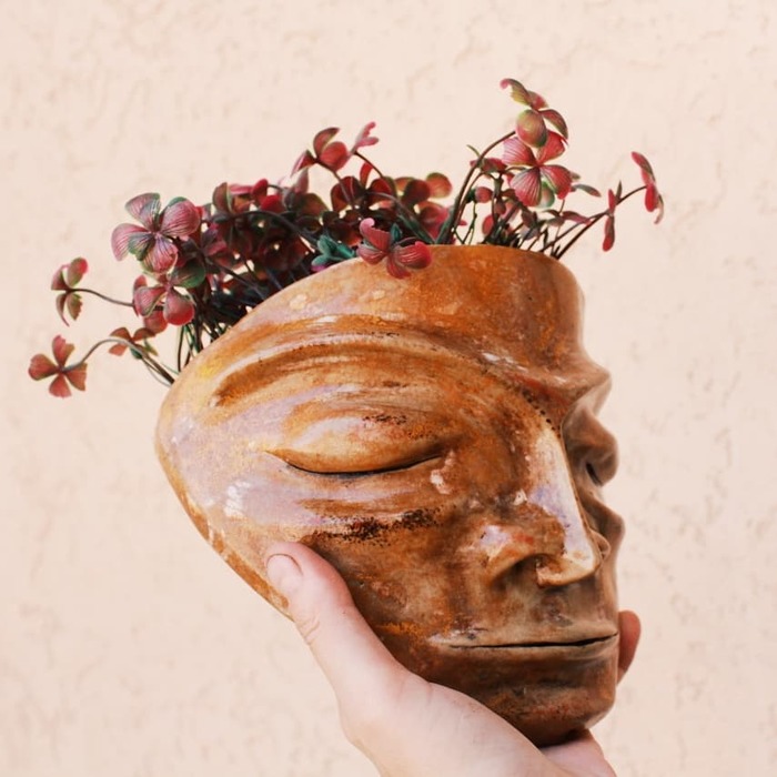 Ceramic planter in the form of a head - My, Ceramics, Flower pot, , Handmade, Needlework without process, Longpost