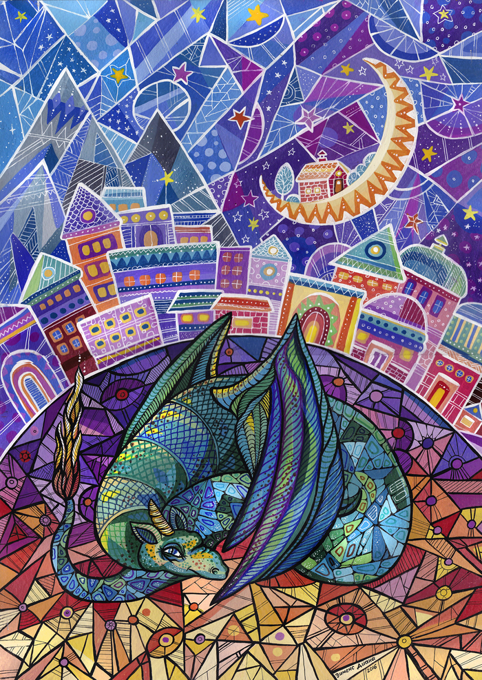 The Dragon. - My, Art, The Dragon, Drawing, Sky, Illustrations, Watercolor, , Story