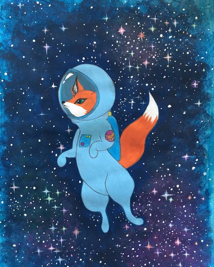 Fox cub in infinity - My, Fox, Space, Stars, Gouache, Watercolor, Infinity, Drawing, Spacesuit, Stars