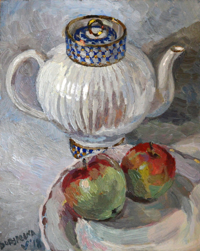 Teapot - Still life, Painting, Oil painting, My, Kettle, Apples, Etude, Painting, Butter