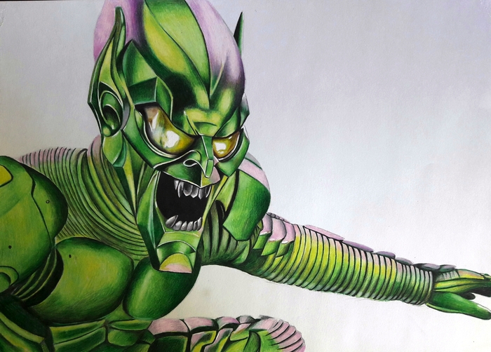 Drawing of the Green Goblin based on the film by Sam Raimi + video process - My, Drawing, Art, Pencil drawing, Green Goblin, Spiderman, Marvel, Video