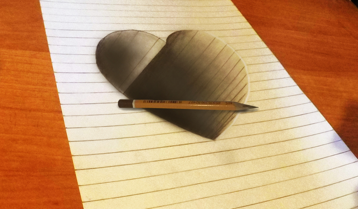 3D Drawing - a heart on a sheet - My, Optical illusions, 3D graphics, 3d drawing, 