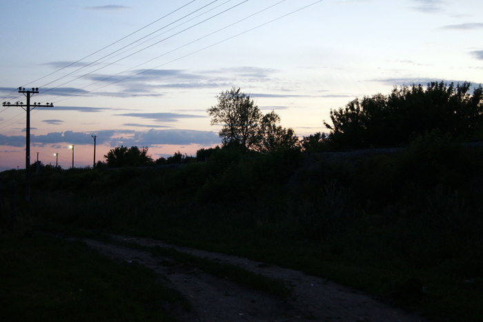 Sunset. - My, Sunset, Evening, Tree, Road, Clouds, Lamp