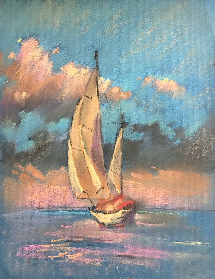 We draw a sailboat with pastels. - My, Pastel, Sea, Sailboat, Art, Painting, Master Class, Longpost, Landscape, Drawing