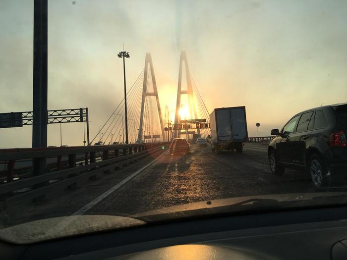 Morning - My, Cable-stayed bridge, Saint Petersburg, Fog, The sun, Haze