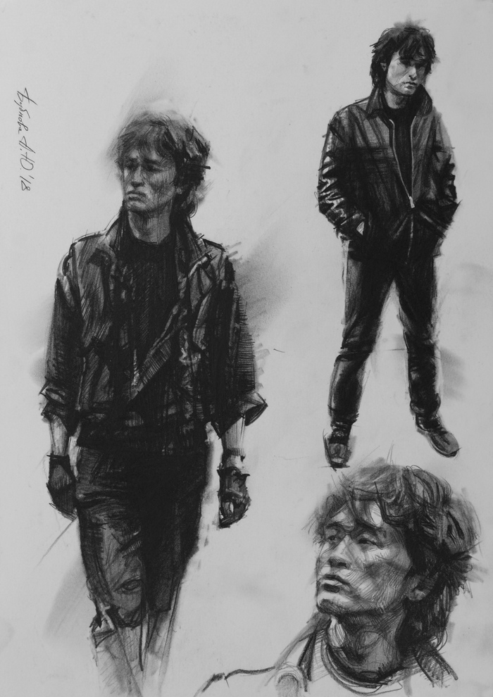 Training with Tsoi. sketches - My, Anna Bubnova, Sketch, Portrait, Viktor Tsoi, Choi, KINO Group, Longpost, Drawing, Pencil drawing