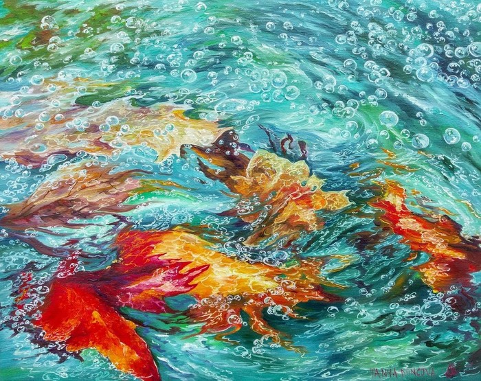 Autumn leaves in the sea wave. My picture - My, Painting, Oil painting, Leaves, Autumn leaves, Wave