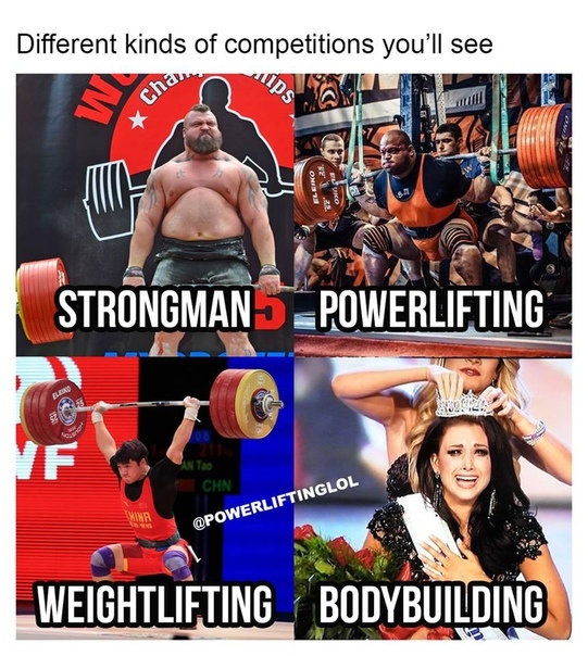 Varieties of men's sports - Strongman, Weightlifting, Body-building, Powerlifting