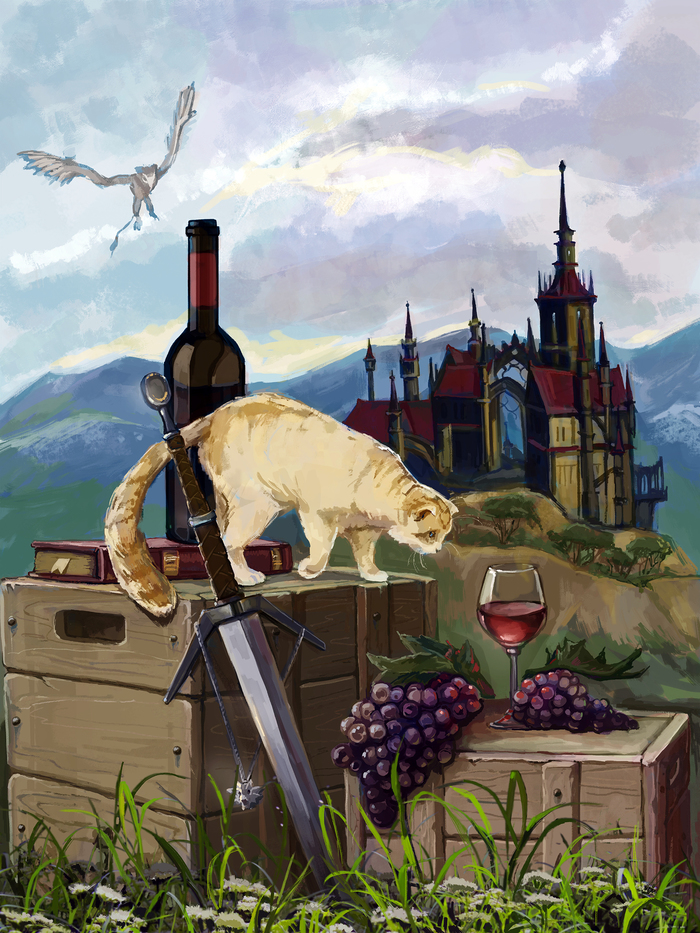 Kitty and wine - My, The Witcher 3: Wild Hunt, The Witcher 3: Blood and Wine, cat, Art, Lock, Toussaint, Witcher, Computer graphics