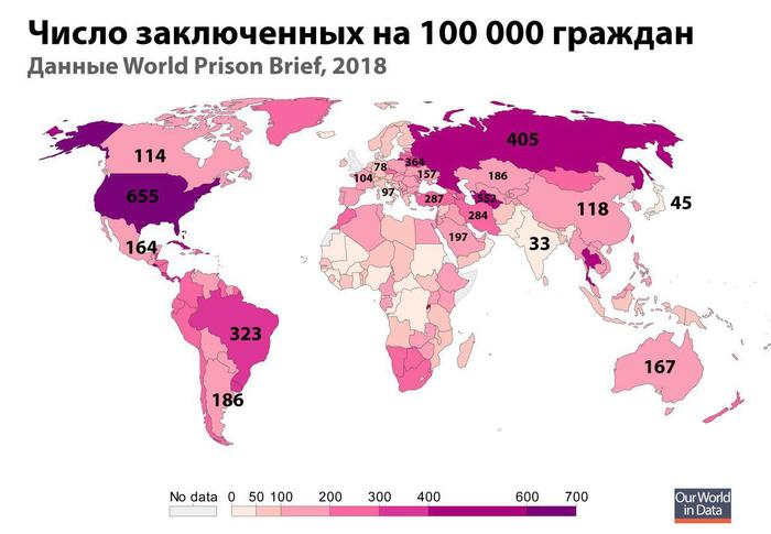 Number of prisoners in countries per 100,000 citizens (2018) - Infographics, Prisoners, Country, Peace, Research, Report, Interesting, World map