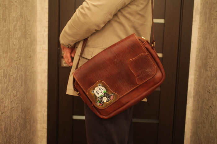 Men's leather bag Bear Panda - My, Handmade, Needlework, Сумка, Leather, Panda, Leather products, Longpost