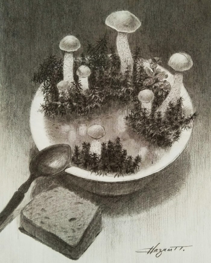 Mushroom soup - My, Mushrooms, Soup, Autumn, Drawing, Pencil drawing