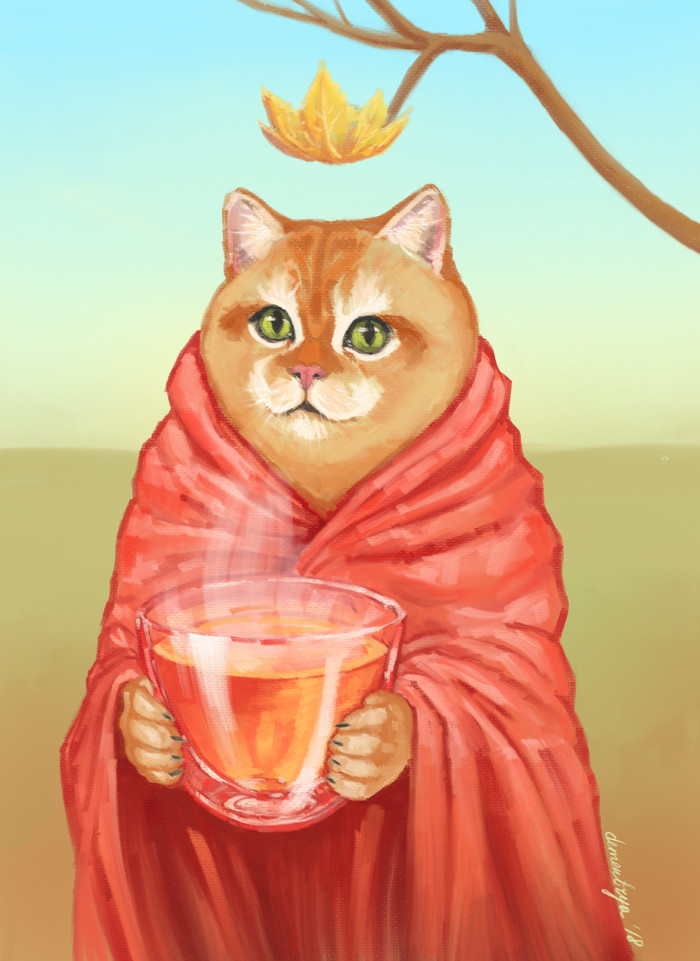 Warm welcome - My, cat, Tea, Digital drawing, Dementrya, Autumn, Plaid, Drawing, Autodesk Sketchbook