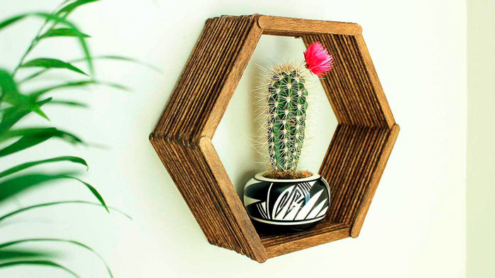 Beautiful do-it-yourself flower stand made from ice cream sticks - My, With your own hands, Needlework, A shelf, Ice cream, Handmade, Interior, Stand