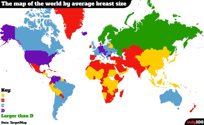 Created a world map of the size of the female breast (and penises) - Breast, , Infographics