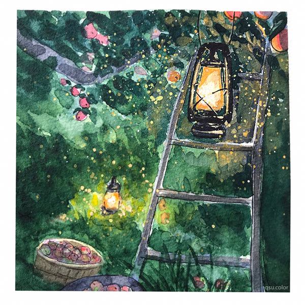 When you want a little magic - My, Watercolor, Drawing, Apples, Sky, House, Birds, Longpost