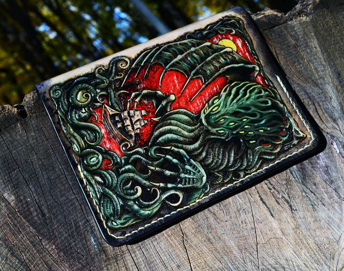 Passport cover. Painting and assembly. - My, Leather, Paints, Assembly, Tutorial, Cthulhu, Cover, Longpost