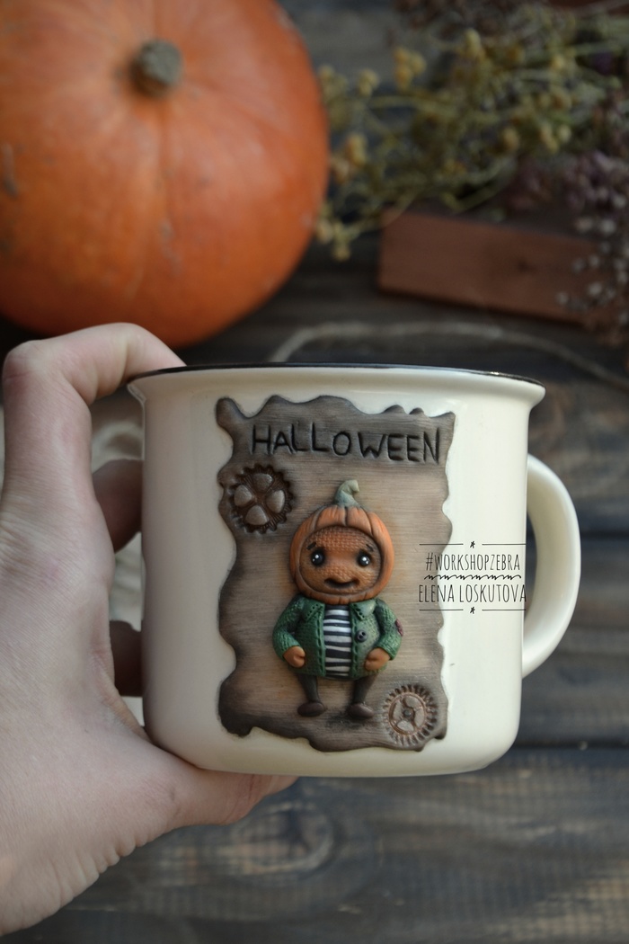 Halloween Mood... - My, , Polymer clay, Needlework without process, Halloween, Autumn, Кружки, Workshop Zebra, Pumpkin, Longpost