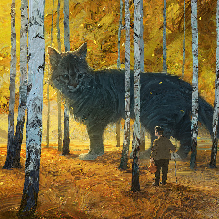 For mushrooms. - Forest, Birch, Mushrooms, cat, Fantasy, Art, Rhads, Digital