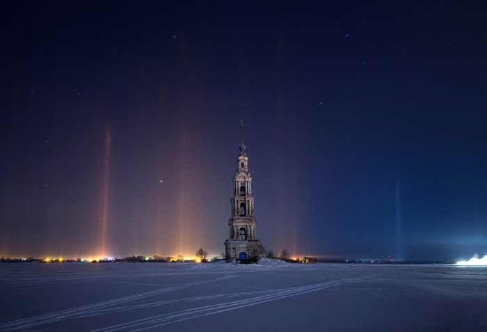 The flooded bell tower of St. Nicholas Cathedral in Kalyazin - My, Kalyazin, Bell tower, Volga, The photo, Winter, Snow, Night, Longpost, Volga river