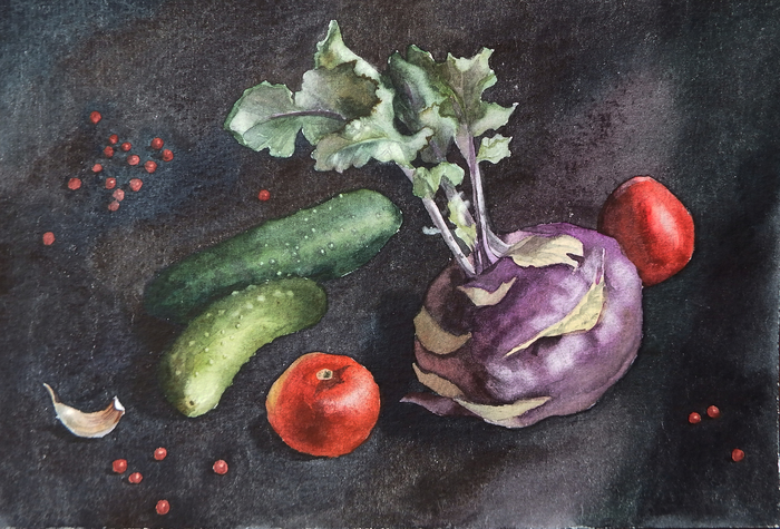 Vegetables on black - My, Watercolor, Still life, Vegetables, Drawing